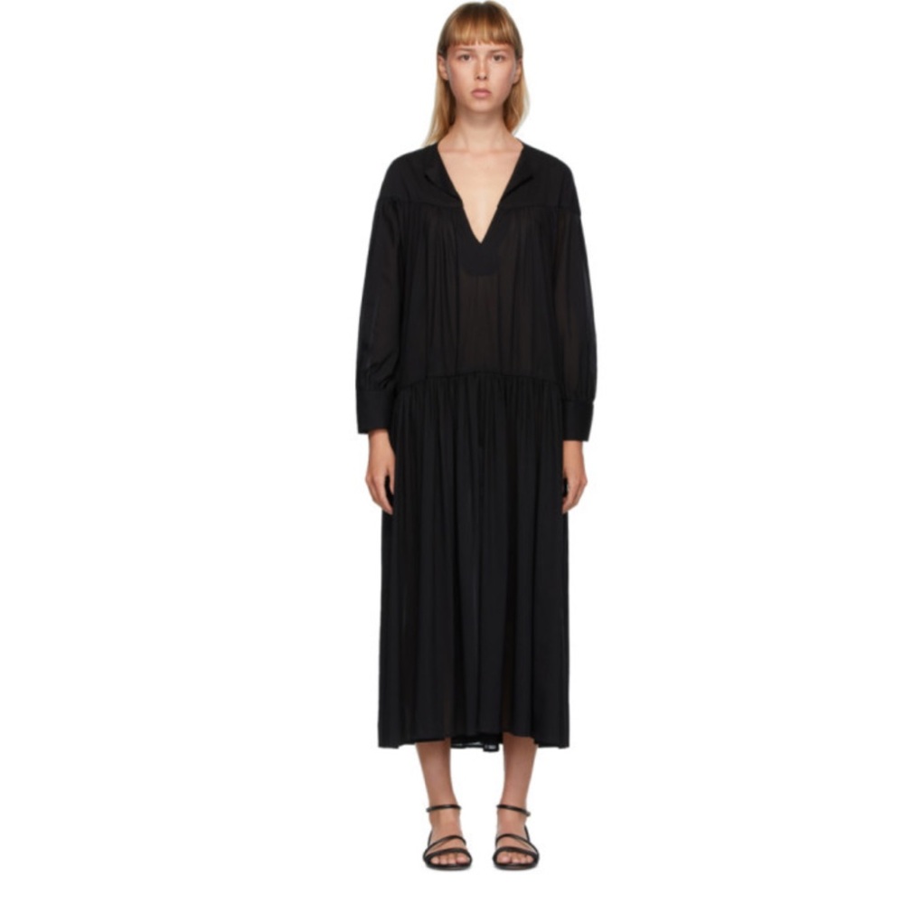 Toteme Alassio Oversized Gathered Peasant Dress in Black, Size Small